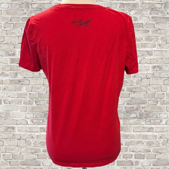Karl Lagerfeld Red Gold Sequin Silhouette Signature T-Shirt Size Small - Picture 3 of 6